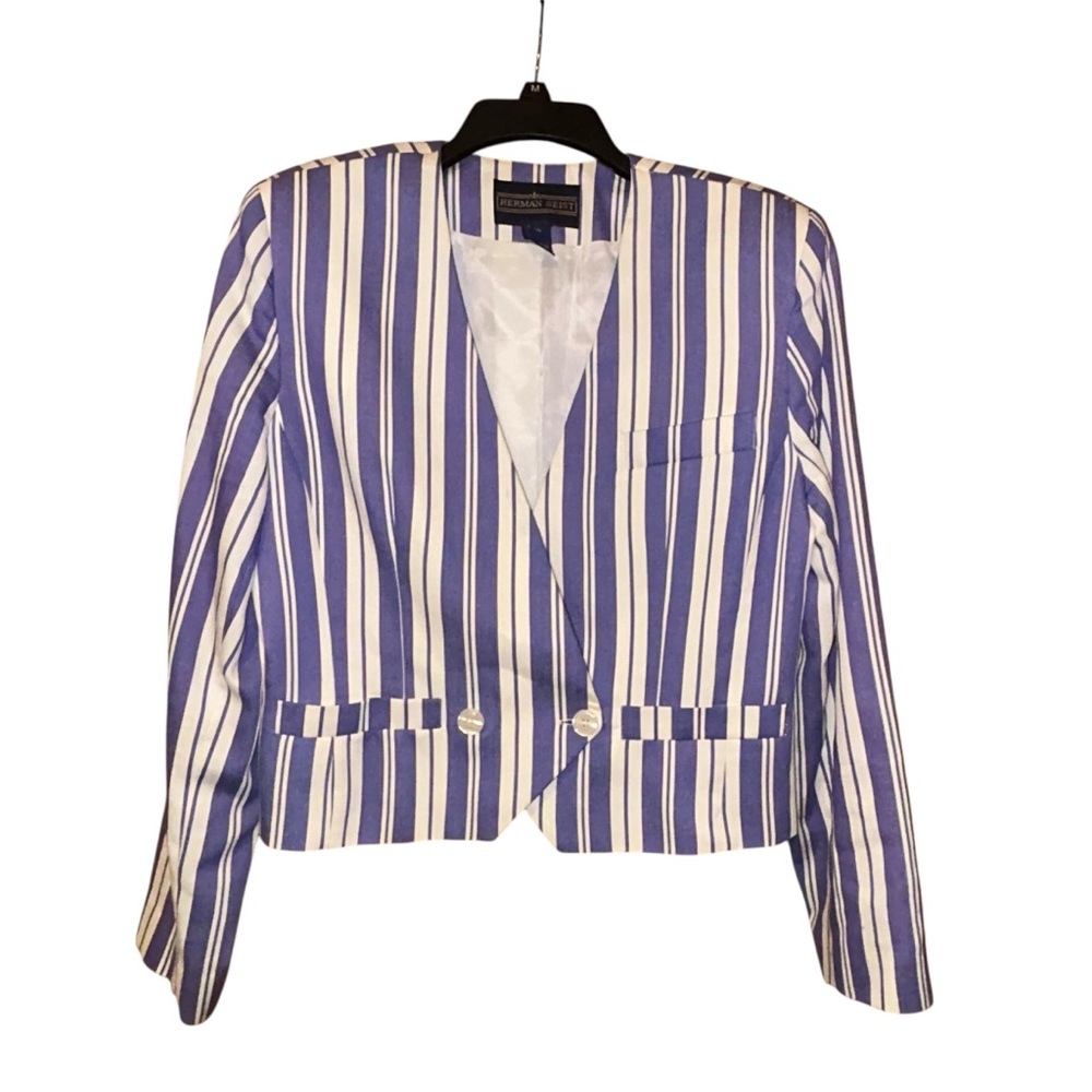 Vintage Herman Geist Striped Blazer Crop Womens 10 Purple White Cotton‎ Jacket